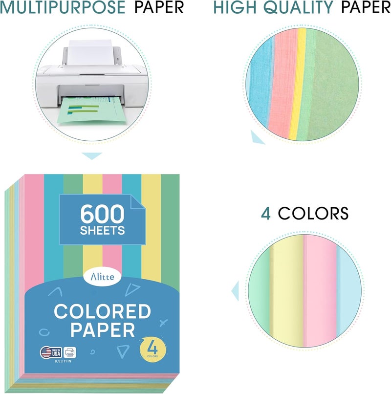 Alitte Colored Paper 8.5 x 11 - Copy Paper, 600-Pack Letter Size for Printer, Arts & Crafts, DIY Projects - Pink, Green, Blue, Yellow - School & Office Supplies - 150 Sheets Per Color - Image 2